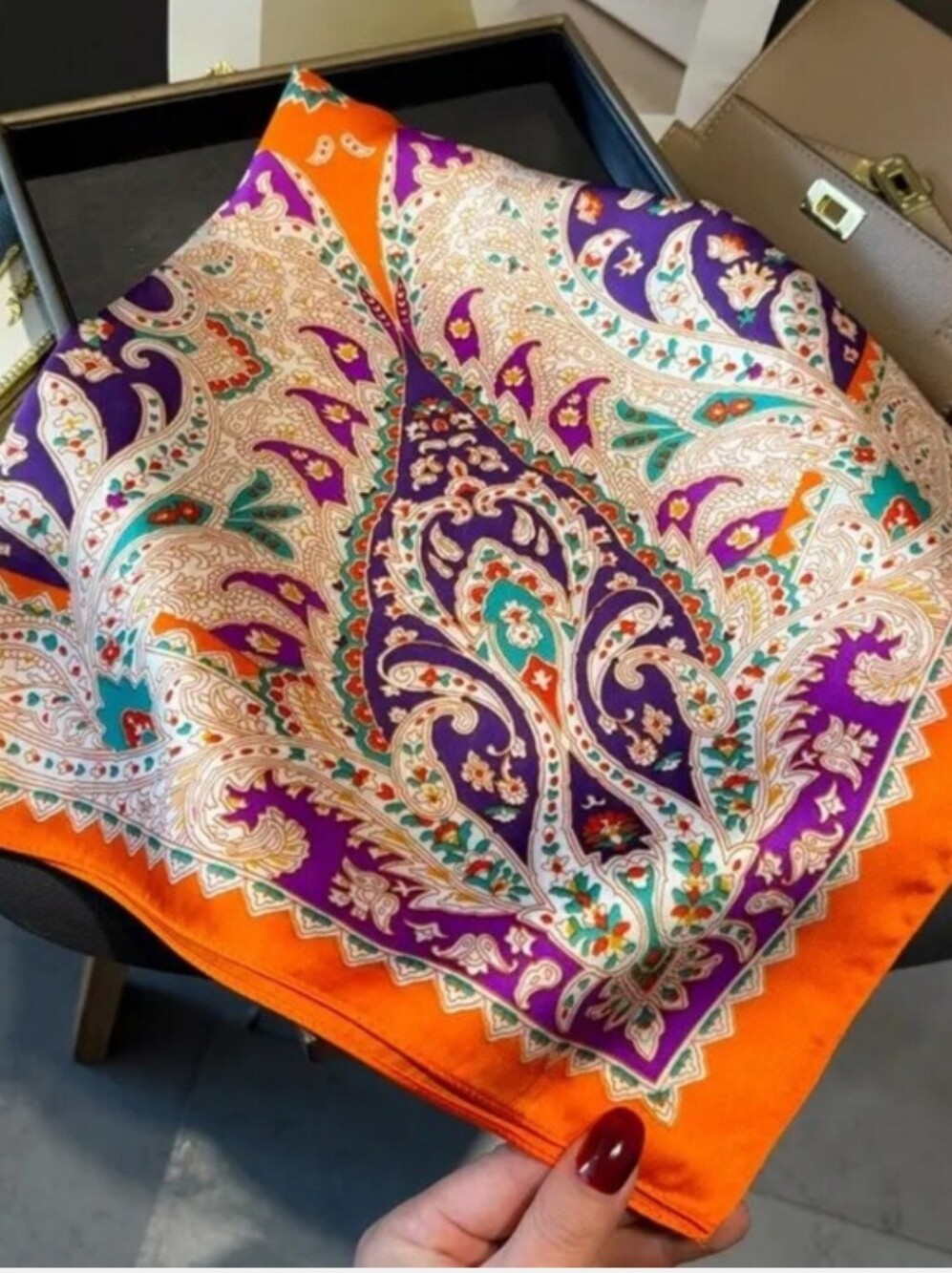 Silk-feel Vibrant Orange Paisley Silk Scarf with Purple & Teal Accents